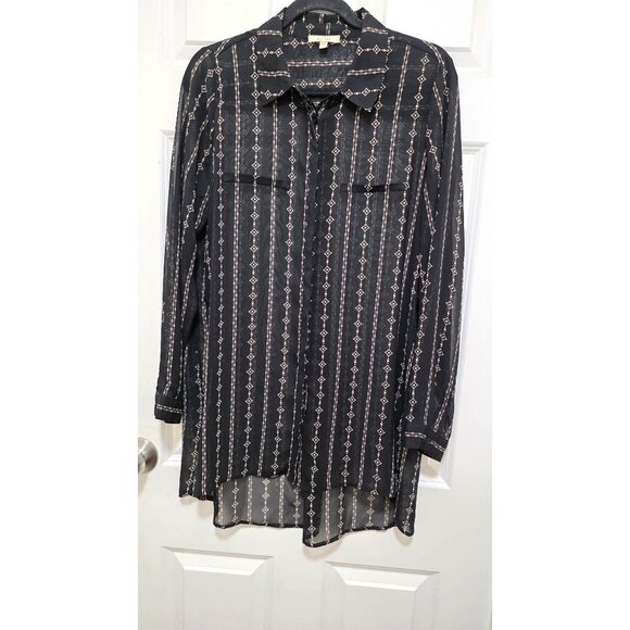 Pleione Women's Femme Black Sheer Button-Down Long Sleeve Shirt Geometric Patter - Picture 2 of 8